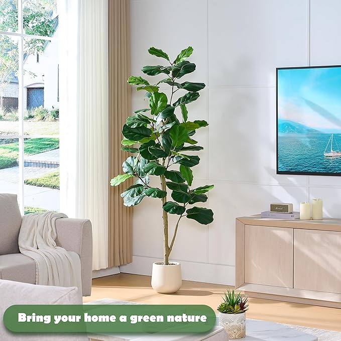 Artificial Fiddle Leaf Fig Tree, 7FT Tall Faux Ficus Lyrata Fake Tree in White Pot, Artificial Tree Indoor Decor, Fiddle Leaf Fig Tree Fake Plant for Home Office Living Room Decoration Modern-Ruum Studio Home