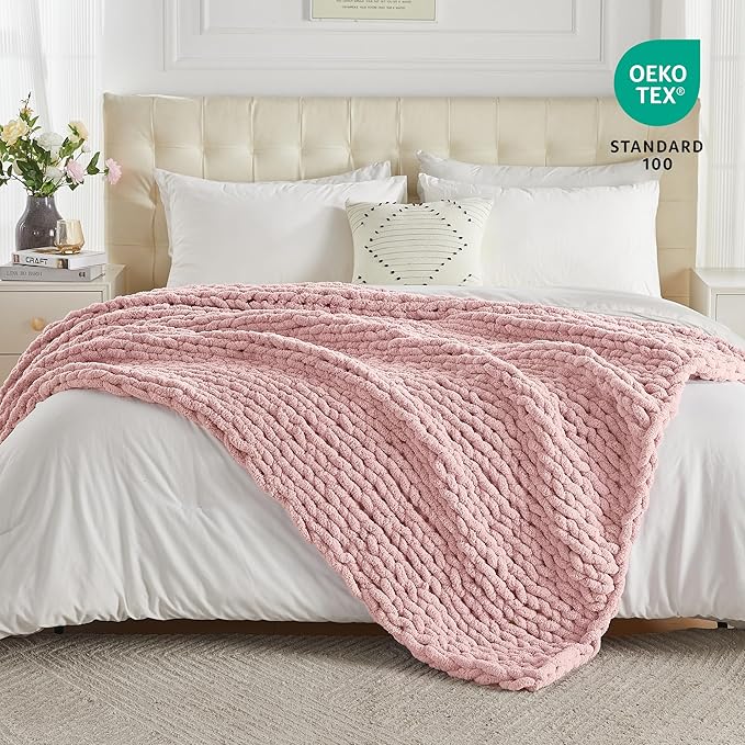 Carriediosa Chunky Knit Throw Blanket 50" X 60", 100% Hand Made Large Chenille Loop Yarn Soft Fluffy Throws for Couch Sofa Bed, Big Crochet Cozy Heavy Thick Cable Woven Blankets, Dusty Pink-Ruum Studio Home