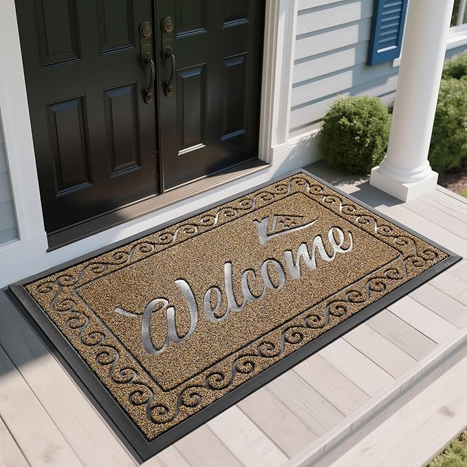 Yimobra Welcome Mat, Heavy Duty Sturdy Door Mats for Home Entrance Outdoor Indoor, Front Doormat for Outside Patio Floor Entry Porch Garage Office, Waterproof, Low Profile, 60 x 36, Beige Brown-Ruum Studio Home