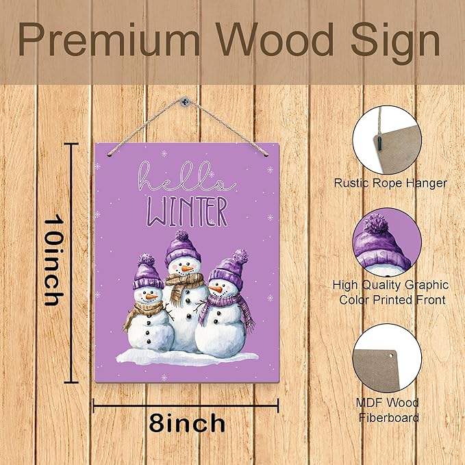 Purple Hello Winter Snowman Hanging Wooden Signs 10x8, Snowman Winter Signs, Winter Door Sign, Purple Snowman Winter Snowflakes Home Room Office Hanging Wall Decor-Ruum Studio Home