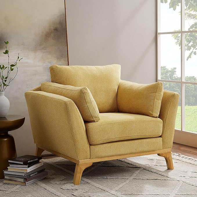 Large-Sized Accent Chair, Thick Cushion Bedroom Reading Chair, Comfortable Living Room Single Sofa, Linen Yellow-Ruum Studio Home