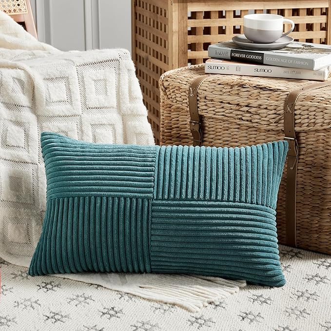 Fancy Homi 2 Packs Teal Lumbar Decorative Throw Pillow Covers 12x20 Inch for Living Room Couch Bed Sofa, Rustic Farmhouse Boho Home Decor, Soft Striped Corduroy Rectangle Accent Cushion Case 30x50 cm-Ruum Studio Home