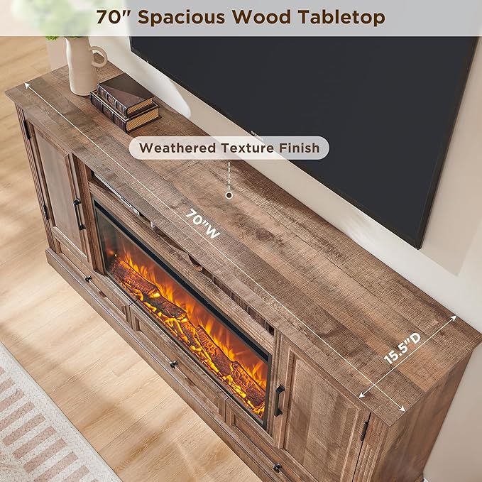 Fireplace TV Stand for 80 Inch TV, 35.7" Tall Farmhouse Entertainment Center W/36'' Electric Fireplace, Media Console with Large Storage Cabinets and Drawers for Living Room, Light Brown-Ruum Studio Home