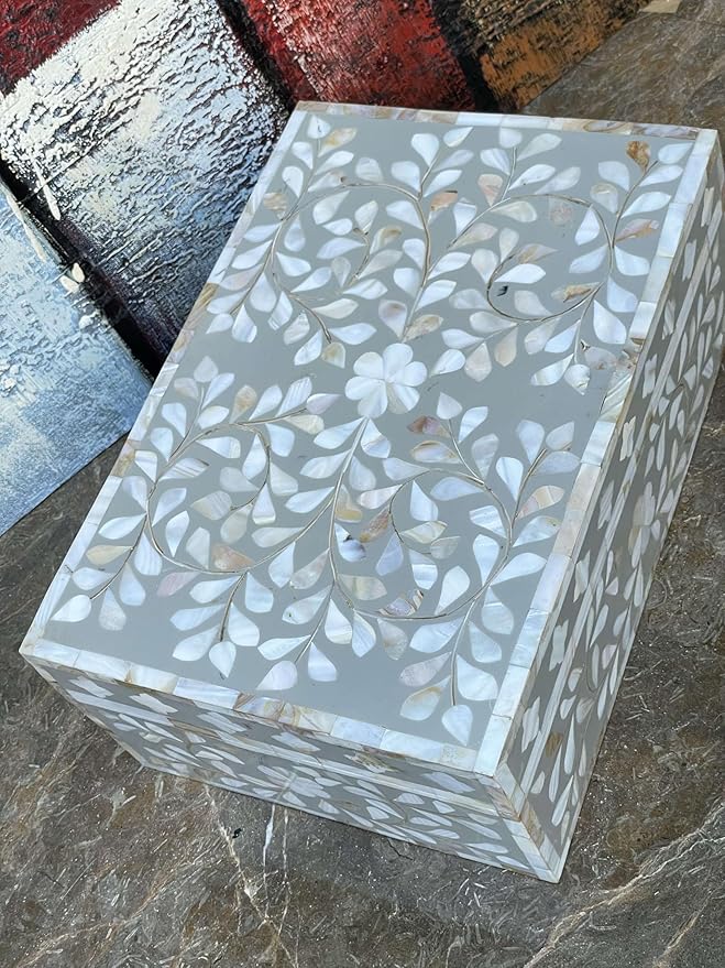 Decorative Wooden Storage Box with Mother of Pearl Inlay – Elegant Floral Design – Perfect for Home Décor in Living Room, Dining Area, or Bedroom (Grey, 12x8x5 inches)-Ruum Studio Home