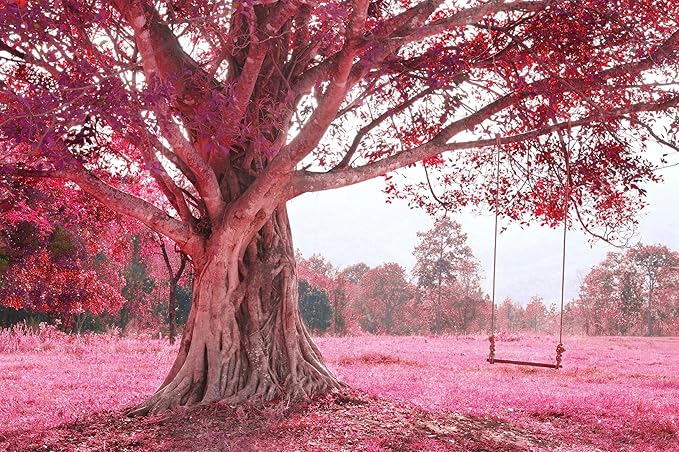 FENDROM Autumn Pink Flower Tapestry Window View Wall Hanging, Nature Forest Floral Trees Garden Scenic Tapestries for Living Room Home Office Dorm-Ruum Studio Home