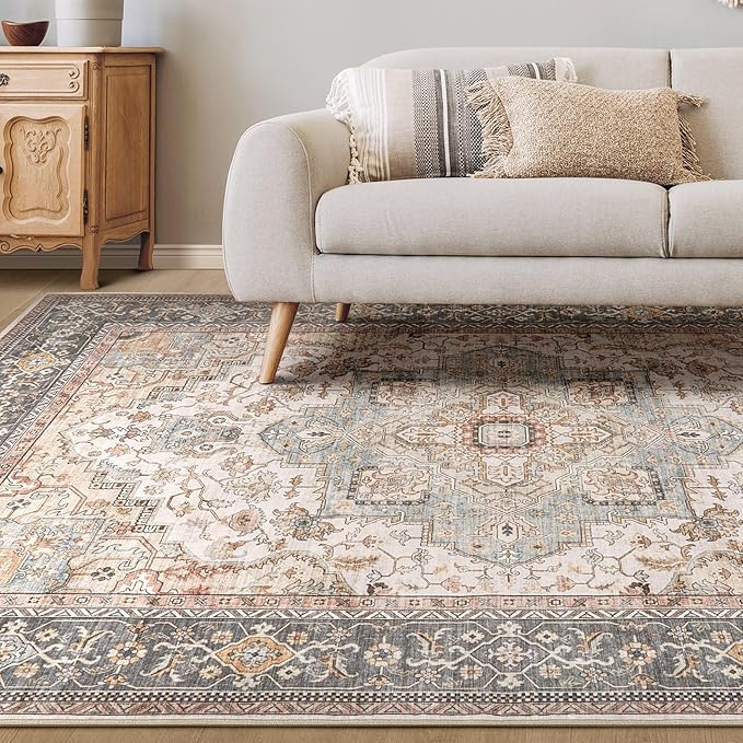 Washable Area Rugs for Living Room - 10x12 Neutral Vintage Distressed Floral Farmhouse Boho Large Soft Floor Rug Indoor Non Slip Carpet for Living Room Bedroom Dining Room Office - Forest Green Orange-Ruum Studio Home