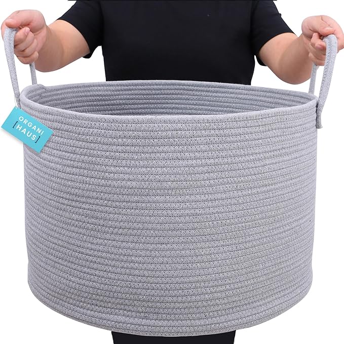OrganiHaus Woven Laundry Basket, Large Cotton Rope Blanket Holder with Handles, Soft & Sturdy Nursery Hamper, Decorative Toy Bin for Living Room Organization 20x13 inches - Gray-Ruum Studio Home
