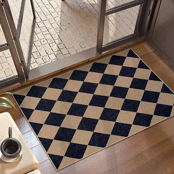 Lahome Checkered Easy Jute Kitchen Rug, 2x3 Indoor Door Mat Small Neutral Area Rug, Farmhouse Diamond Non Slip Non Shedding Lightweight Floor Carpet for Entry Porch-Ruum Studio Home