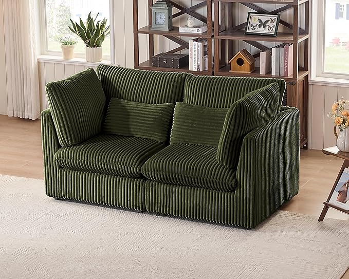 Oversized Modular Sofa, Extra Deep Cloud Corduroy Sectional Couch with Ottoman Chaise, Fluffy Corduroy 2 Seater Sofa Bed for Living Room, Villa (Loveseat Sofa, Corduroy Green)-Ruum Studio Home