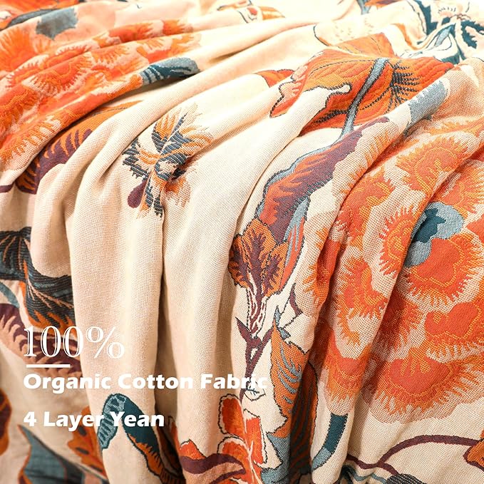 Boho Throw Blanket, 100% Organic Cotton Breathable Soft Lightweight All Season Rustic Bed Throw - Floral Bird Farmhouse Decor Blanket for Sofa Couch Chair Quilt and Gift. 60" x 80"-Ruum Studio Home