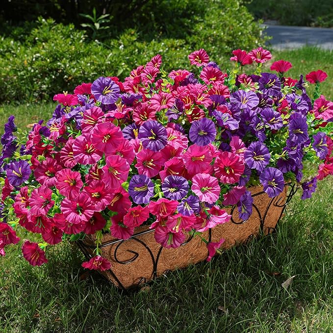 Artificial Flowers for Outdoors Fake Plants Outside Decoration, 12 Bundles Silk Colorful Morning Glory with Eucalyptus UV Resistant Realistic Faux Flowers for Planter Porch Patio Yard Garden-Ruum Studio Home