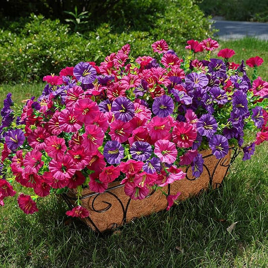 Artificial Flowers for Outdoors Fake Plants Outside Decoration, 12 Bundles Silk Colorful Morning Glory with Eucalyptus UV Resistant Realistic Faux Flowers for Planter Porch Patio Yard Garden-Ruum Studio Home