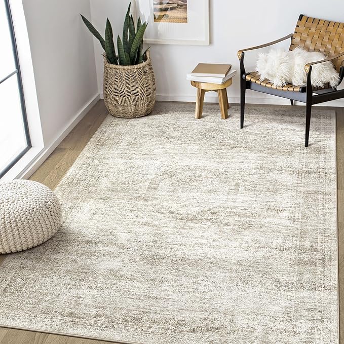 Washable Area Rugs for Living Room -6x9 Neutral Vintage Distressed Floral Farmhouse Boho Large Soft Floor Rug Indoor Non Slip Carpet for Living Room Bedroom Dining Room Office-Beige-Ruum Studio Home