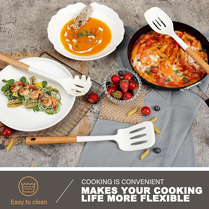 QMVESS Silicone Cooking Utensils Set, Kitchen Utensils Set 7 Pcs with Long Wooden Handle, Food Grade and Heat Resistant Large Silicone Spatula Set for Nonstick Cookware, BPA Free（White）-Ruum Studio Home