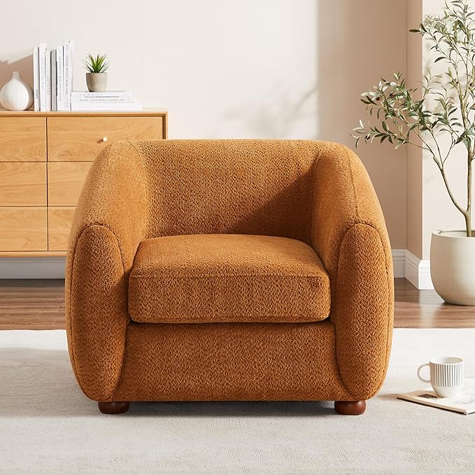 Modern Accent Chair for Living Room, Upholstered Armchair with Boucle Fabric, Single Sofa Chair with Solid Wood Legs, Boucle, Curry-Ruum Studio Home