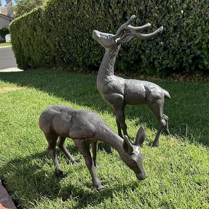 Elegant Pair of Cast Iron Deer Sculptures -22" and 11.4" Tall Male and Female Set for Outdoor Garden Decor, Realistic Animal Statues HC3672-5691-Ruum Studio Home