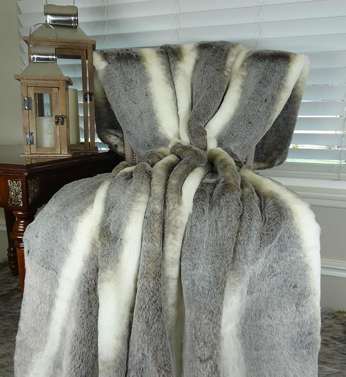 Tissavel Chinchilla Faux Fur Throw Blanket & Bedspread - Chinchilla Faux Fur - Gray Ivory Chinchilla Fur Throw - Luxury Soft Fur, Handmade in US, 16444-Ruum Studio Home