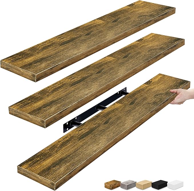 Sorbus Floating Shelves for Wall - 48 Inch Long Bathroom Shelves, Wall Decor for Bedroom, Kitchen, Living Room & Book Storage - Mounted Floating Shelf with Invisible Brackets (Rustic Brown, 3 Pack)-Ruum Studio Home