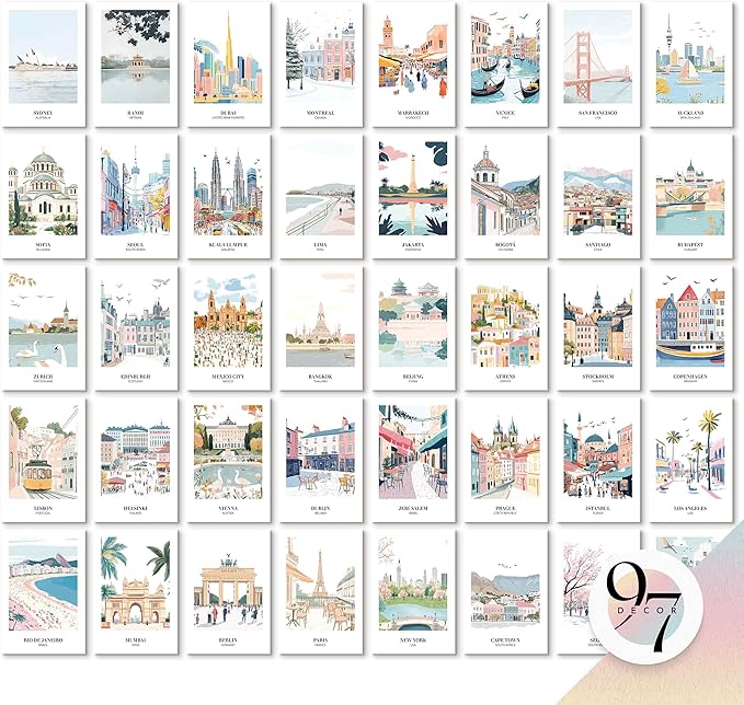 97 DECOR Vintage Travel Decor Posters - World Travel Wall Art Prints, Retro Popular Cities Photo Collage Kit, Trendy City Landscape Aesthetic Pictures for Teen Dorm Bedroom Decorations (40 Pcs, 4"x6")-Ruum Studio Home