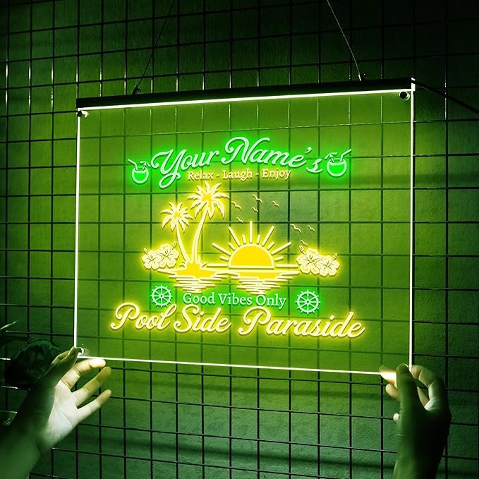 Personalized Pool Side Paradise Neon Sign, Custom Name LED Light, Tropical Sunset Design, Backyard Patio Bar Decor, Gift for Outdoor Lovers-Ruum Studio Home