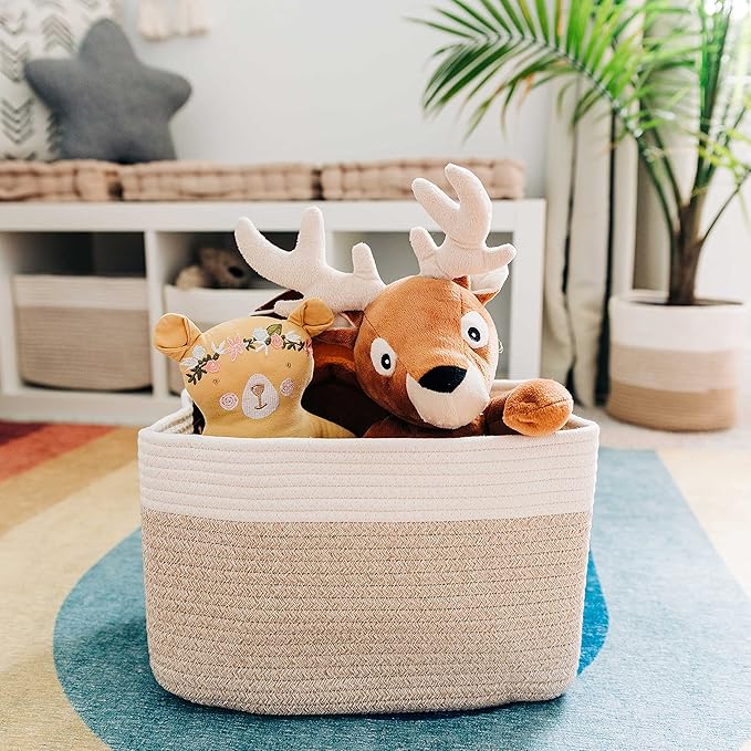 OrganiHaus Woven Storage Baskets for Organizing, Cotton Rope Organizer Bins for Shelves, Closet & Nursery, Dog Toy Basket, Decorative Bins for Toys, Towels & Books - 15x10x9, Light Honey-Ruum Studio Home