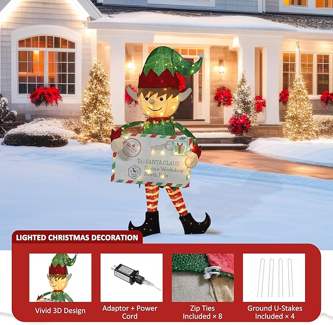 4.8FT Lighted Elf with Envelope Outdoor Christmas Decoration, 3D Pre-Lit Elf Decor with 100 LED Lights for Christmas, Freestanding Glittered Holiday Display for Outdoor, Indoor-Ruum Studio Home