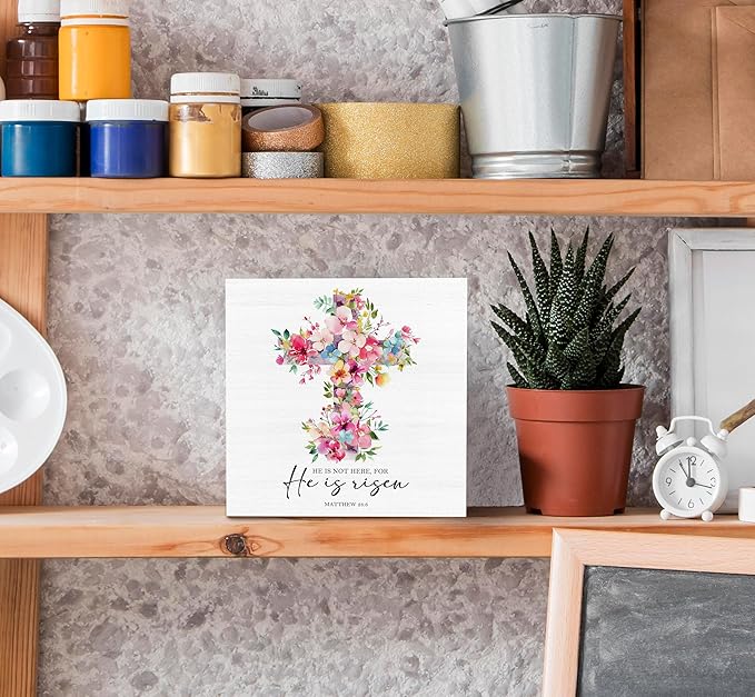 SRADMO He Is Risen Sign, Floral Cross Easter Christian Wood Box Sign Desk Decor, Christian Easter Decorations, Easter Theme Wooden Block Box Decoration for Home Office Shelf Table Decor-Ruum Studio Home