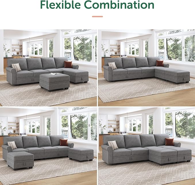 HONBAY Convertible Sectional Sofa with Storage Seat 6 Seat Sofa with Reversible Chaise U Shaped Sectional Couch for Living Room,Light Grey-Ruum Studio Home