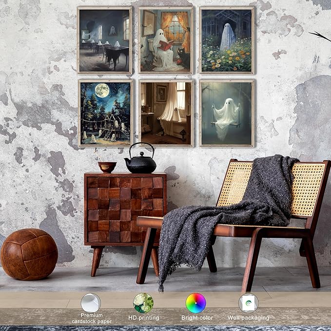 LANCHI95 6 Pcs 8x10in Halloween Wall Art Prints, Vintage Posters, Cute Ghost Pictures for Bedroom Decor (UNFRAMED)-Ruum Studio Home