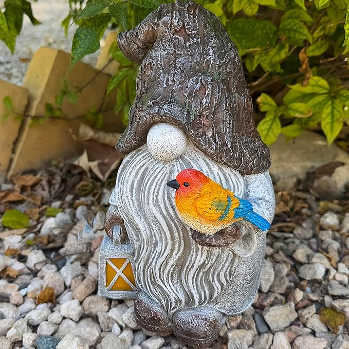 Mood Lab Garden Gnome - Stone Gnome Figurine - 9.1 Inch Tall Lawn Statue with Bird - for Outdoor or House Decor-Ruum Studio Home