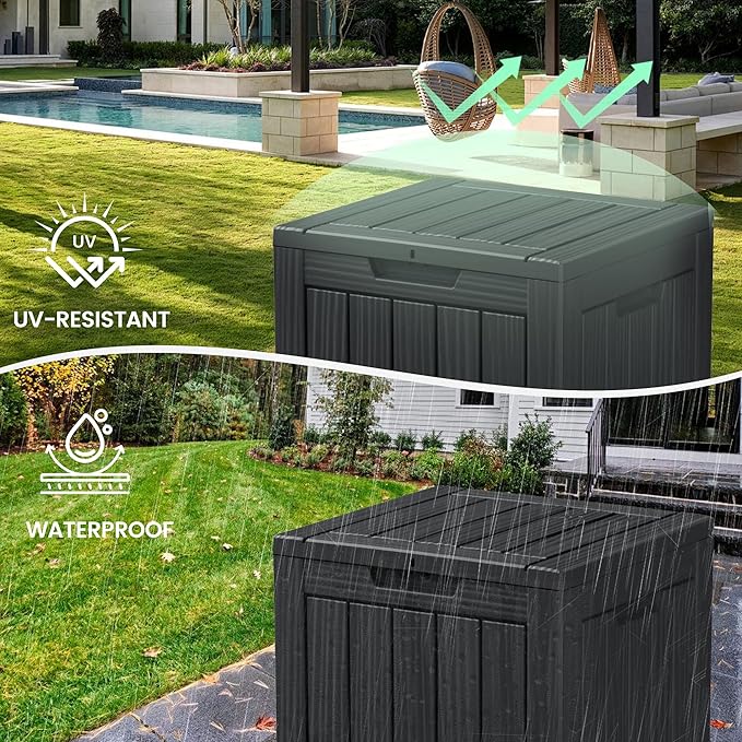 28 Gallon Outdoor Storage Box, Waterproof Durable Resin Deck Box for Indoor & Outdoor Use, Lockable Outdoor Bench, Deck Bin for Patio Furniture, Deliveries, Pool Supplies, Black-Ruum Studio Home