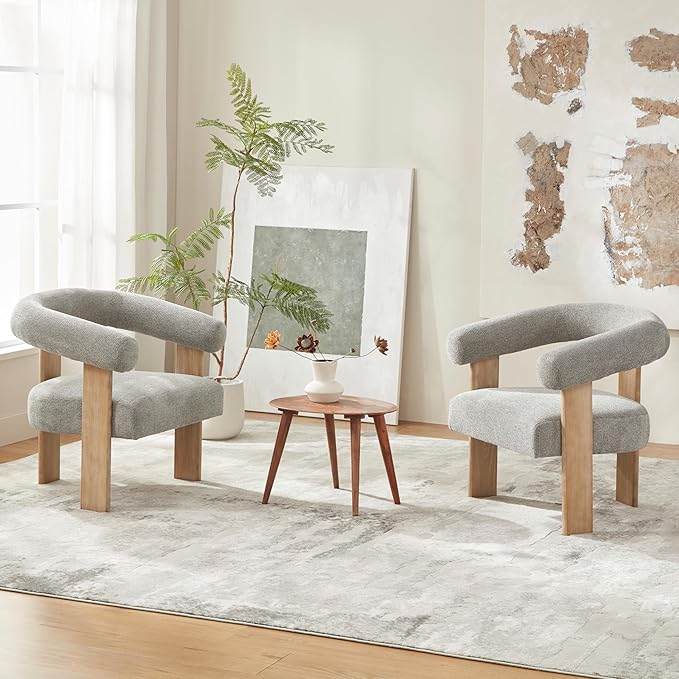 VKNOW Accent Chair Living Room Chair Set of 2, Modern Upholstered Armchair with Solid Wood Legs, Comfy Barrel Arm Chairs for Living Room Bedroom, Light Grey-Ruum Studio Home