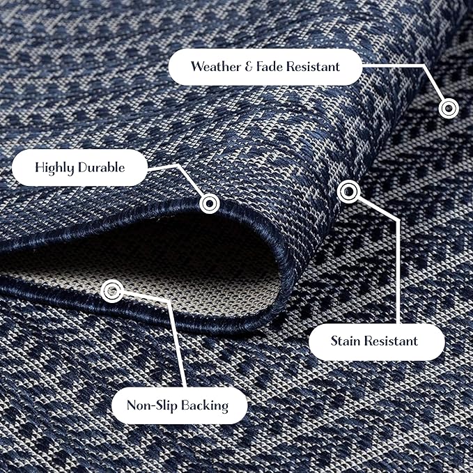 Adiva Rugs Outdoor Indoor Area Rug, Weather Resistant, Easy to Clean, Stain Resistant Floor Mat for Dining Room, Backyard, Deck, Patio (Navy Weiss, 2'6" x 7')-Ruum Studio Home