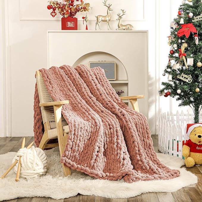 WESHIONGOO Chunky Knit Blanket Throw 50"×60" Knitted Throw Blankets for Couch Bed Fluffy Soft Blanket with Jumbo Chenille Yarn Thick 100% Handmade (Pink)-Ruum Studio Home