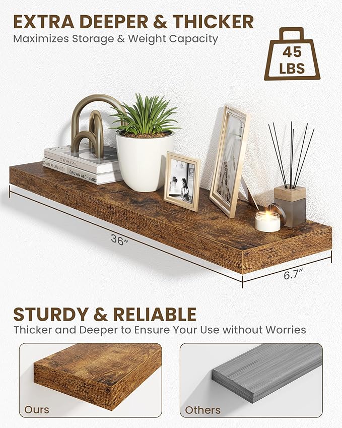 Marsmiles 36" Floating Shelves for Wall, Wooden Shelves with Invisible Brackets Set of 2, Rustic Farmhouse Wall Mounted Shelf for Kitchen Bathroom Living Room Study, Rustic Brown-Ruum Studio Home