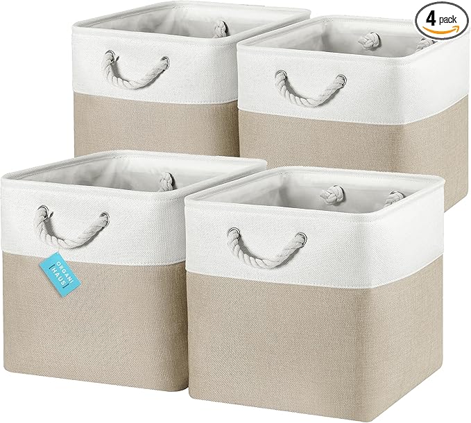 OrganiHaus 13x13 Cube Storage Bins 4 Pack, Foldable Cube Storage Organizer w/ Rope Handles, Collapsible Fabric Bins for Toys, Clothes & Closet Organization, Fabric Square Baskets - Beige/White-Ruum Studio Home