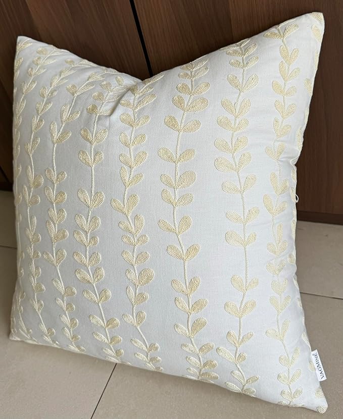 VAGMINE Embroidered Floating Leaves Throw Pillow Cover - 18x18 Inches Square - 100% Cotton Ivory Decorative Cushion Cover - Timeless Nature-Inspired Accent for Sofa, Couch & Modern Decor - Cream-Ruum Studio Home