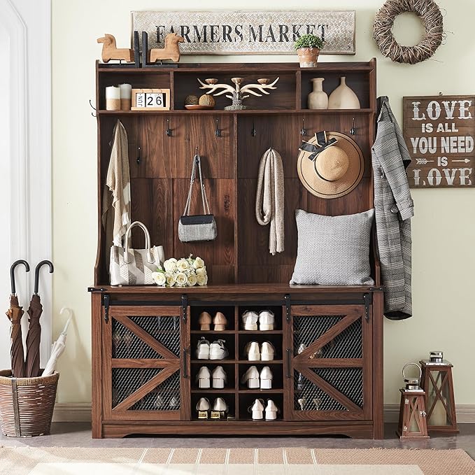 JXQTLINGMU 59" Farmhouse Hall Tree with Shoe Storage, Entryway Bench with 20 Cubbies, 12 Hooks & Sliding Barn Doors, Mudroom Coat Rack Cabinet, Brown-Ruum Studio Home