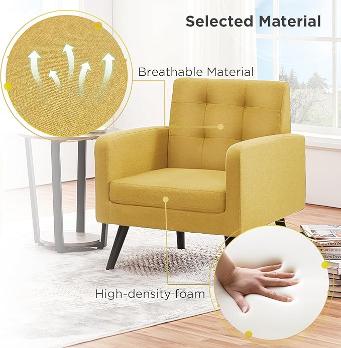 Yaheetech Mid-Century Accent Chairs, Modern Upholstered Living Room Chair, Cozy Armchair Button Tufted Back and Wood Legs for Bedroom/Office/Cafe, Yellow-Ruum Studio Home