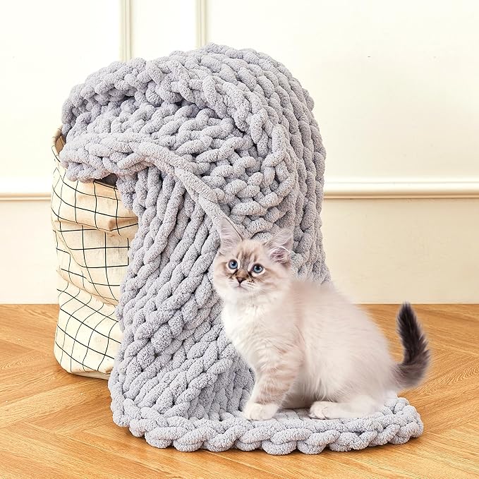 Admitrack Chunky Knit Blanket Throw, 100% Hand Knit Chenille Throw Blanket for Sofa & Home Decor, Soft and Cozy Knitted Throw Blankets (Light Gray，51"x63")-Ruum Studio Home