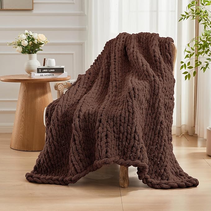Carriediosa Chunky Knit Throw Blanket 50" X 60", 100% Hand Made Large Chenille Loop Yarn Soft Fluffy Throws for Couch Sofa Bed, Big Crochet Cozy Heavy Thick Cable Woven Blanket, Cocoa Brown-Ruum Studio Home