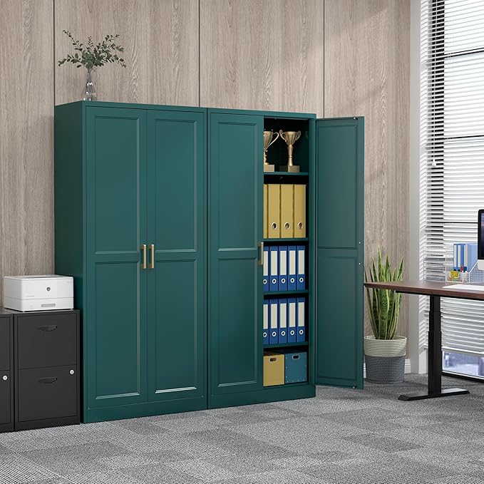 71" Metal Pantry Cabinet, Tall Kitchen Pantry Storage Cabinet with 4 Adjustable Shelves and Gold Handles, Green Cupboard for Kitchen, Dining Room, Living Room-Ruum Studio Home