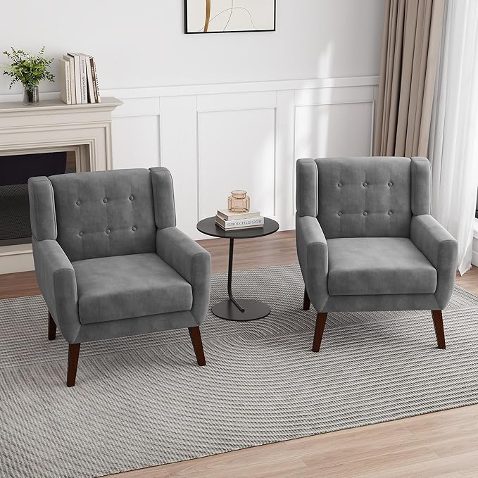 UIXE Accent Chair, Velvet Upholstered Armchair for Living Room, Modern Club Arm Chairs Comfy Single Sofa Button Tufted Bedroom Reading Seat - Gray, Set of 1-Ruum Studio Home