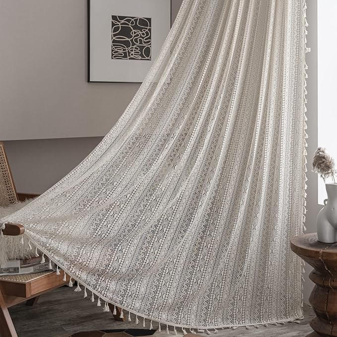 Sutuo Home Crochet Boho Curtain 84 Inches Length, Sheer Lace Handmade Tassels Knitted Window Treatment Vintage Rustic Bohemian Farmhouse Drape for Bedroom Rod Pocket 1 Panel 59" W x 84" L, Beige Wave-Ruum Studio Home