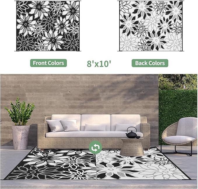GENIMO Outdoor Rug Waterproof for Patio Decor, 8' x 10' Reversible Plastic Straw Floral Camping Carpet, Large Area Rugs Mats for RV, Camper, Deck, Balcony, Porch, Beach, Picnic, Black & White-Ruum Studio Home