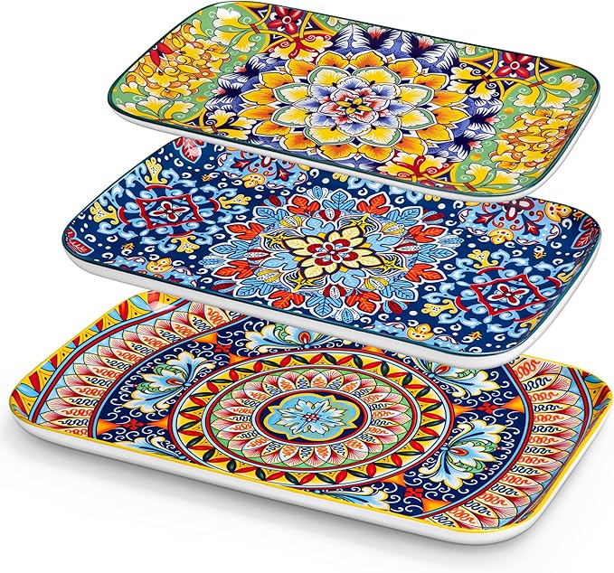 vancasso Serving Platters Set of 3, 16"/14"/12" Inch Rectangular Trays - Serving Platter Extra Large, Bohemian Ceramic Serving Dish for Entertaining Food, Microwave & Dishwasher Safe, Vintage-Ruum Studio Home