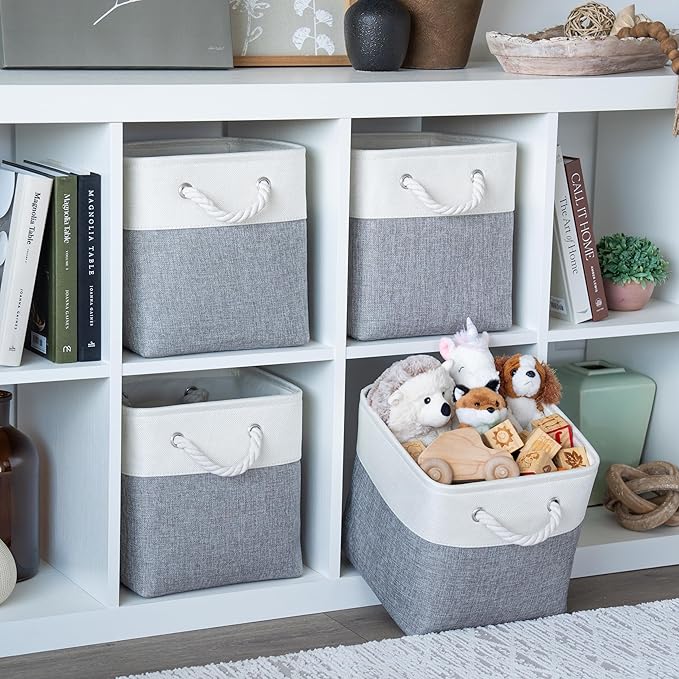 OrganiHaus 11x11 Cube Storage Bins 4 Pack, Foldable Cube Storage Organizer w/ Rope Handles, Collapsible Fabric Bins for Toys, Clothes & Closet Organization, Fabric Square Baskets - Gray/White-Ruum Studio Home