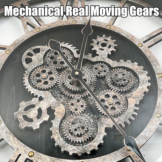 DORBOKER 24" Large Wall Clock with Moving Gears,Oversize Vintage Industrial Rustic Farmhouse Clocks for Living Room Decor Office Home,Solid Wood HD Tempered Glass Cover,Vintage Black-Ruum Studio Home