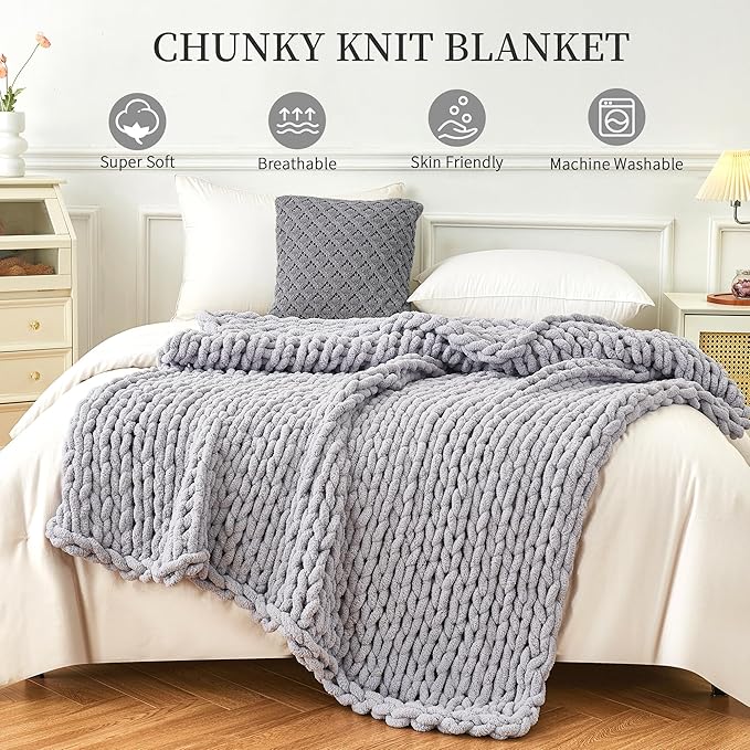 Admitrack Chunky Knit Blanket Throw, 100% Hand Knit Chenille Throw Blanket for Sofa & Home Decor, Soft and Cozy Knitted Throw Blankets (Light Gray，51"x63")-Ruum Studio Home