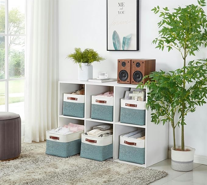 DECOMOMO Storage Bins Fabric Storage Baskets for Shelves, Linen Closet Organization Toys Nursery (Green and White, Large - 3 Pack)-Ruum Studio Home